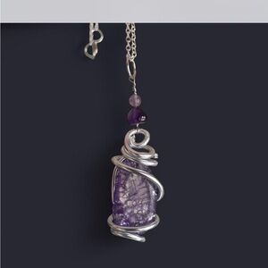 Handcrafted Silver Wire Wrapped Purple Crackle Quartz Pendant Necklace